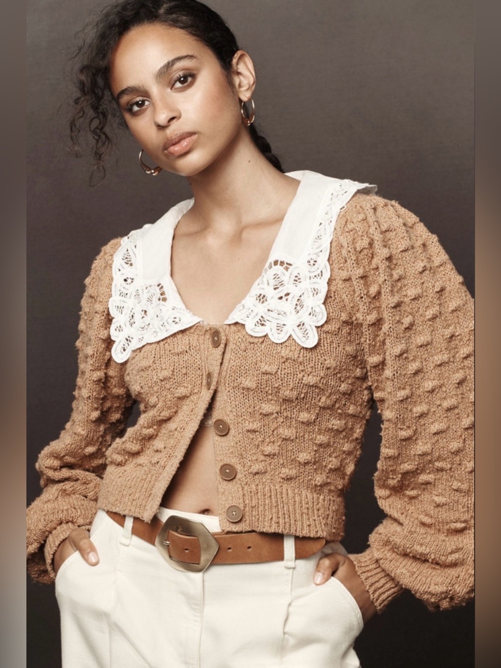 Anthropologie Tan Bobble-Knit Cardigan with White Lace Collar XS